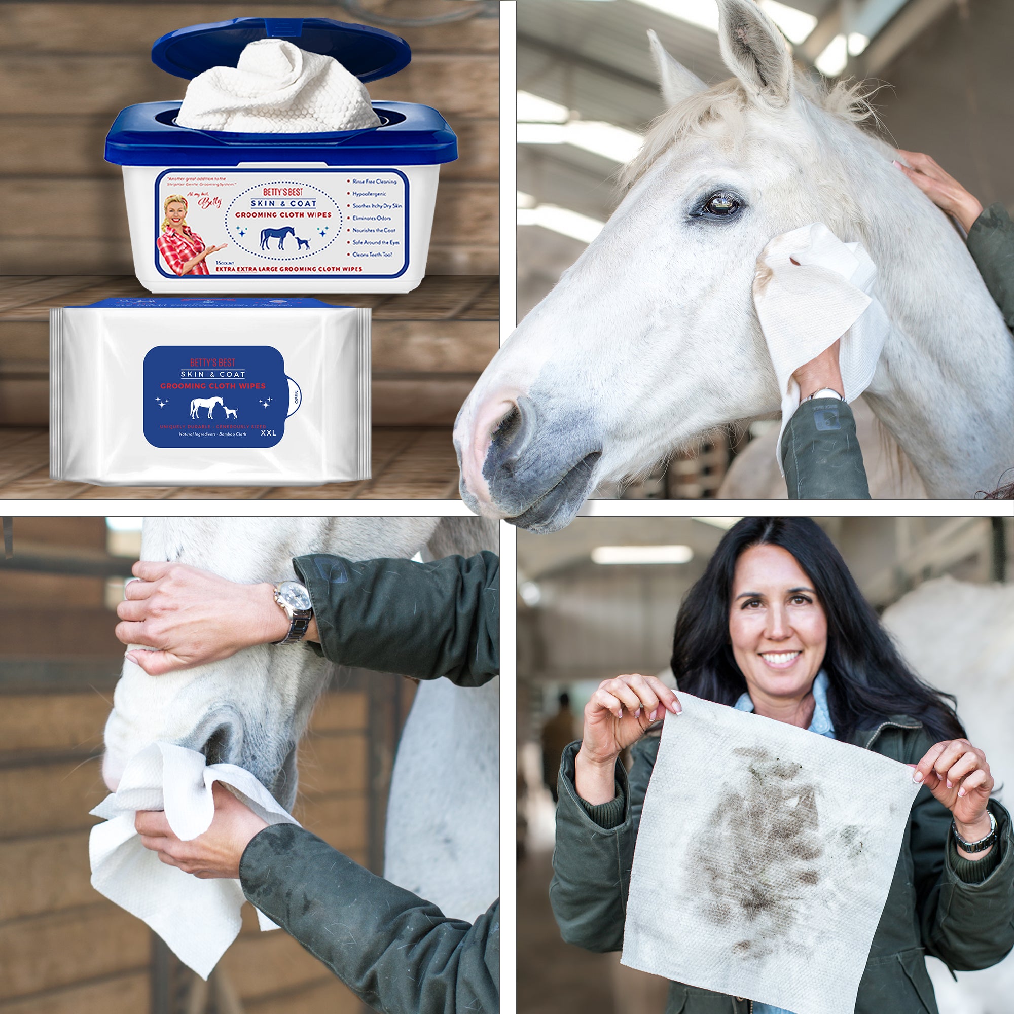 StripHair bamboo grooming wipes shown in a 4-panel image of an xxl tub and pack product and lifestyle image of horse grooming and woman holding a used cloth wipe